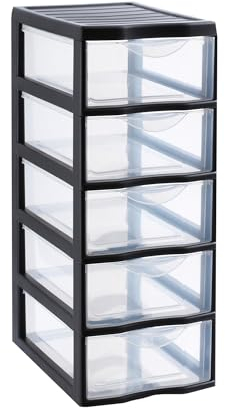 SUNDIS Orgamix, tour de rangement en plastique noir, 5 tiroirs transparents format papier A4, hauteur 61 cm, idéale rangement bureau, cours, documents, fournitures, accessoires