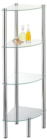 axentia Eckregal Solanio mit vier Böden, Glasregal für Badaccessoires, Badmöbel für die Ecke, Standregal mit Wandbefestigung, ca. 30 x 108 x 30 cm, Silber