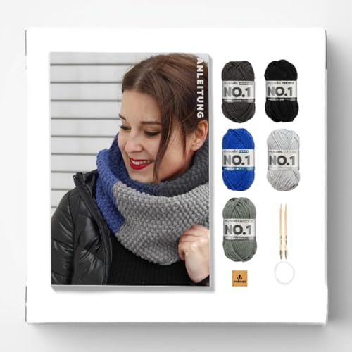 myboshi Strickset Schal New Haven, inkl. No.1 Wolle, Rundstricknadel, Anleitung und Label, Strickpaket für Anfänger, 30% Merinowolle Schwarz mit Rundstricknadel