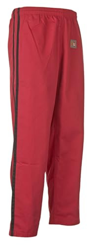 Ju-Sports Arnis-Hose Rot mit 2 Schwarzen Streifen I Leichte Arnishose mit Gummitbund, Zusatzschnürung & Knieverstärkung I Auch für Sportarten wie Karate UVM. I Größe 130