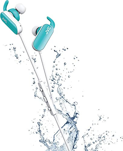 JVC Auricolari in Ear Sport Bluetooth con Gancio Mobile, a Prova di Spruzzi (IPX4), con Microfono e Telecomando a 3 Pulsanti, Azzurro