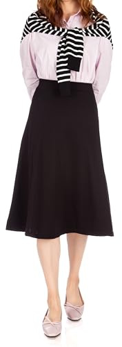Everyday High Waist A-line Flared Skater Midi Skirt (L, Black)