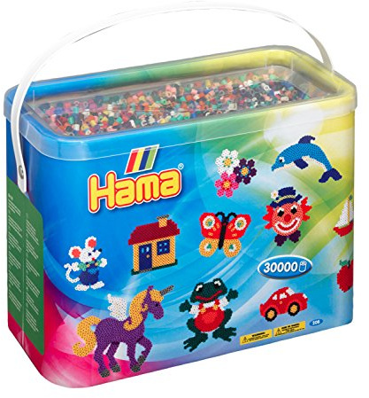 Hama Perlen 208-67 Bügelperlen im Eimer mit ca. 30.000 bunten Midi Bastelperlen mit Durchmesser 5 mm im Grundfarben Mix, kreativer Bastelspaß für Groß und Klein
