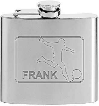 AMAVEL Petaca personalizada – Con grabado de “Fútbol acabado – Individualizado con el NOMBRE y su DEPORTE favorito – Regalos divertidos y originales – 9 cm x 10 cm x 3 cm – Capacidad de 150 ml