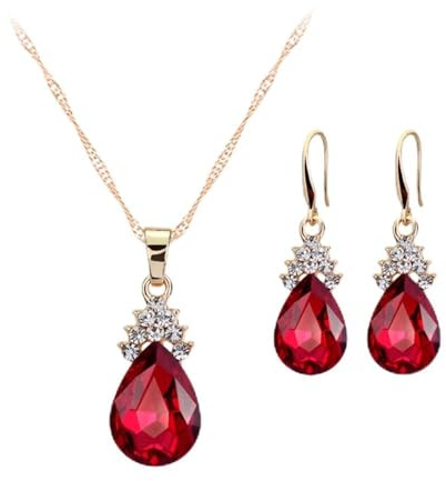 Hasnsofie Schmuckset für Damen, Gold-Ton Rubin Ohrringe und Halskette mit Anhänger, 18K Vergoldet Rot und Weiß Tropfen Österreichen Kristall, Damen Schmuck mit Geschenkbox für Frau Mutter Mädchen