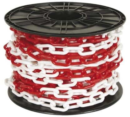 Perel Chaîne barrière rouge blanc 25 m en rouleau, chaîne de sécurité en plastique pour l’intérieur et l’extérieur, chaîne de marquage pour chantier, zone de stationnement, entrepôt, terrain ou