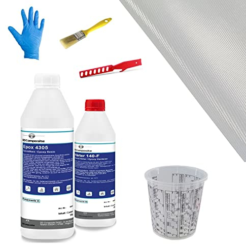 DD Composite Reparatur-Set Auto,Boot und Motorrad 700g Epoxidharz mit Härter 1m² Glasfilamentgewebe Handschuhe Pinsel Rührstab Mischbecher