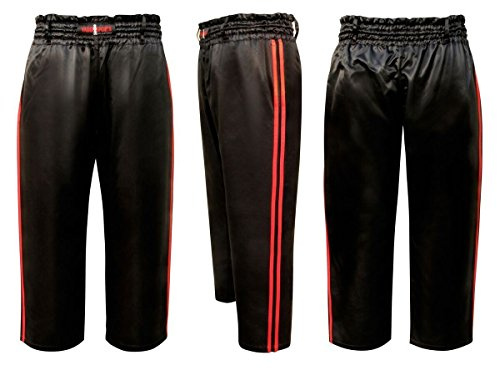 V.Sports Black Kickboxing Training trousers with 2 red stripes kickboxing pants adults or kids kick boxing training pants Satin kick boxing trousers, black with 2 red stripes (5/180cm Large)