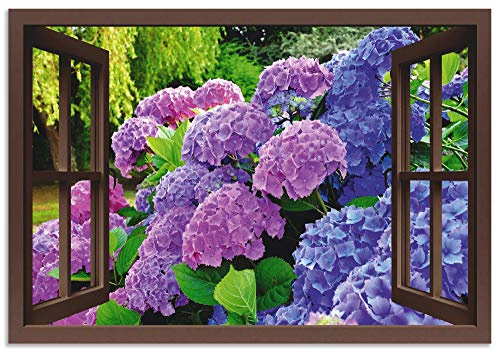 ARTland Wanddeko Wandbild Alu Verbundplatte für Innen & Outdoor Bild Fensterblick Hortensien im Garten T5QA