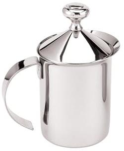 Fino Milk Creamer Frother Cappuccino Foam Pitcher with Handle and Lid, 18/8 Stainless Steel, 14-Ounce Capacity