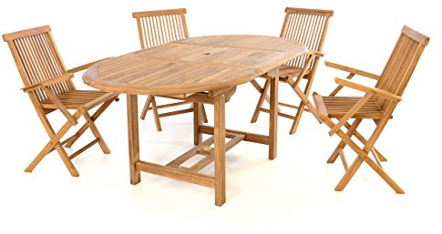 Divero 5-teilige Sitzgruppe Trento – 1 Esstisch ausziehbar + 4 x Klappstuhl mit Armlehne aus Teakholz, behandelt – Farbe: Braun