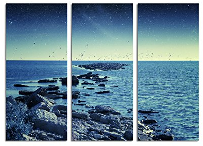 Paul Sinus Art 130x90cm – Keilrahmenbild Abendhimmel Meer Steine blauer Himmel 3teiliges Wandbild auf Leinwand und Keilrahmen - Fotobild Kunstdruck Artprint