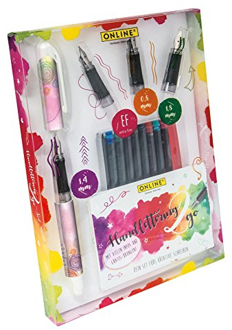 ONLINE Handlettering 2 Go Schönschreib-Set | inkl. 1,4 mm Kalligraphie Füller & drei Federstärken | 10 Kombi-Patronen in verschiedenen Farben | inkl. Booklet mit Übungen & Magazin, Cherry Blossom