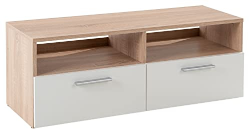 TV Lowboard Fernsehschrank Fernsehtisch Board Bank Rack | Dekor | Braun | Weiß | Holzoptik | Eiche Sonoma | 2 Fächer | 2 Klappen | BxHxT: 95x35x36 cm
