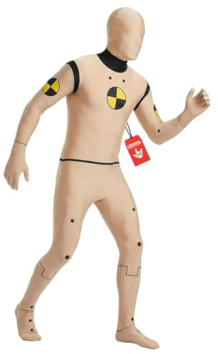 Morphsuits Crash Test Dummy Kostüm, Halloween Ganzkörper Kostüm | Ganzkörperanzug mit Kapuzenmaske, Bedrucktes Dummy-Design, Doppelter Reißverschluss, Perfekt für Halloween