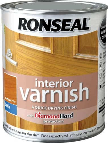 Ronseal RSLIVSAP250 250ml Quick Dry Satin Interior Varnish - Antique Pine | Fast-curing protective coating with enhanced abrasion resistance, touch dry in approximately 20 minutes.