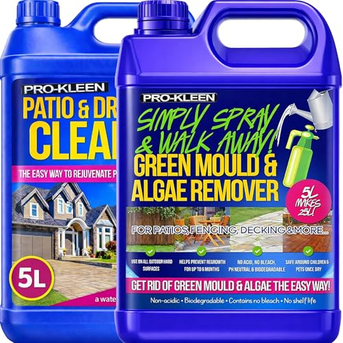 Pro-Kleen Simply Spray & Walk Away Concentrate Patio - Fencing - Decking - Green Mould Lichen & Algae Remover and Pro-Kleen Patio & Driveway Cleaner (5L Simply Spray with 5L Driveway Cleaner)