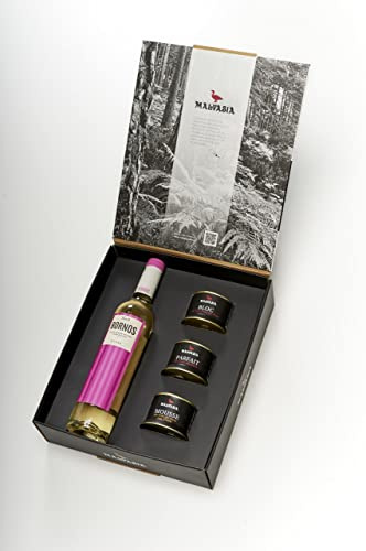 MALVASIA Cesta Gourmet para Regalar, Caja Regalo con Tres Latas de Foie de Pato de 130 g y Vino Blanco Palacio de Bornos DO Rueda Semidulce 50 cl,Elaboración Artesanal, Sin Gluten