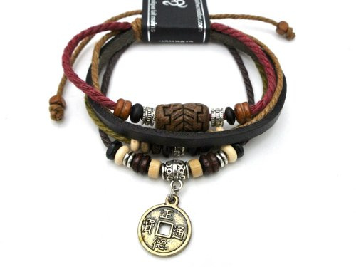 agathe création - Bracelet tibetain Porte Bonheur - Pendentif Ancienne Piece de Monnaie Chinoise - Cuir, Chanvre et Perles de Bois, Terre Cuite et métal - Multicolor - Taille sur Mesure - Fait Main