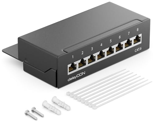 deleyCON CAT 6 Patchpanel Verteilerfeld 8 Port RJ45 - Schwarz | Desktop & Wandmontage, geschirmt, 8x RJ45 Buchse, TIA568A TIA568B