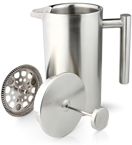 Café Olé Kaffeebereiter aus Edelstahl 350ml | Doppelwandige Isolierung mit Cool-Touch Griffen | French-Press mit Edelstahlfilter | Verschließbarer Ausguss Matt Gebürstet 3 Tassen