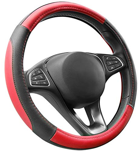 COFIT Anti-Rutsch Lenkradbezug Auto Lenkrad üBerzug Leder Lenkradhüllen Universal Mikrofaser Autolenkradbezug Autozubehör M 37-38cm Rot and Schwarz