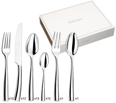 COUZON - Ménagère 50 couverts de table en coffre bois pour 12 personnes - Silhouette - Acier inoxydable 18/10, Finition Miroir, Epaisseur Forgé - Inox
