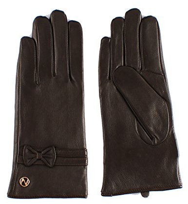 Nappaglo Damen Lammfell Leder Handschuhe Touchscreen Winter WarmHandschuhe mit DekorativenBownots (M (Umfang der Handfläche:17.8-19.0cm), Dunkelbraun(Touchscreen))