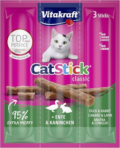 Vitakraft Cat Stick Classic, mit Ente und Kaninchen, Katzensnack, fleischige Mini-Sticks, einzeln verpackt, ohne Zuckerzusatz (3x 6g)