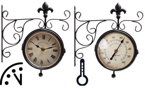 Esschert Design Wanduhr, Bahnhofsuhr mit Thermometer, Temperaturmesser, ca. 25 cm x 10 cm x 30 cm