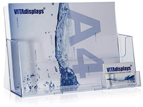 VITAdisplays® Prospekt-Aufsteller im DIN A4 Querformat mit Visitenkartenhalter, Transparent (GP-231QE)