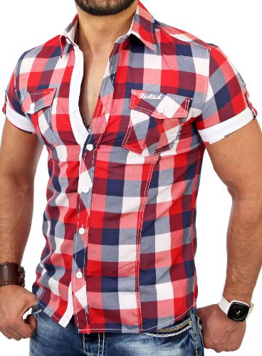 Reslad Herren Hemd Kurzarm Männer Herrenhemd Freizeit Sommer Figurbetont karriert Kontrast Surf Neu RS-7065 Rot-Weiß L