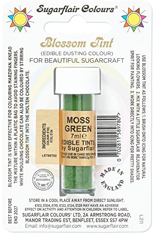 Sugarflair Blossom Tint Dusting Lebensmittelfarbe Pulver, Mossgreen, 7 ml | Essbares Farbpulver für Fondant, Marzipan und Zuckerblumen, Lebensmittelfarbe Pulver zum Dekorieren und Bemalen