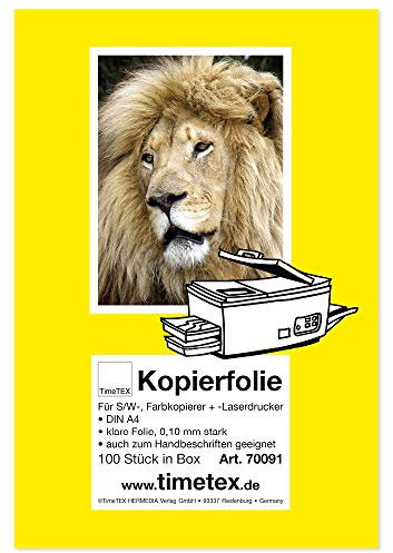 TimeTex Kopierfolie DIN A4 - klare Folie 0,10 mm stark - für schwarz/weiß Kopierer, Farbkopierer und Laserdrucker - TimeTex 70091