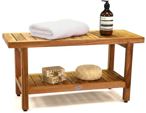 AquaTeak The Original 36 Spa Teak Shower Bench - Shower Stool with Storage Shelf for Bathroom - Durable Water Resistant Shower Chair - Shaving Foot Rest - Indoor & Outdoor Use