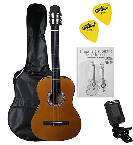 JUAN MIGUEL NAVARREZ chitarra classica 4/4 starter Set miele (borsa, accordatore, plettri, libro con CD)