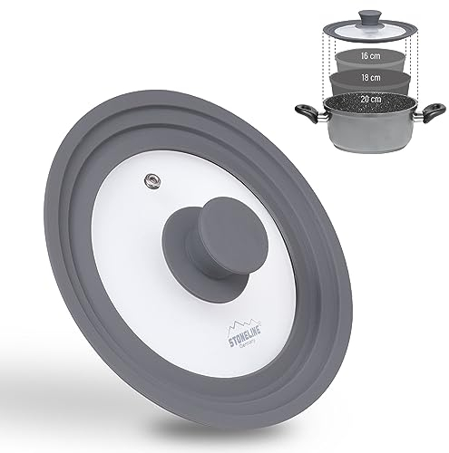 STONELINE 3 in 1 Universaldeckel für Töpfe und Pfannen mit 16/18/20 cm Universal Glasdeckel mit abgestuftem Silikonrand Platinsilikon, hitzebeständig platzsparend, 3 Größen, Grau