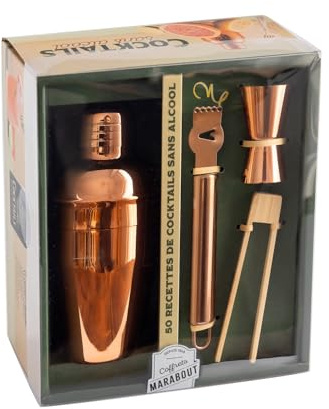 Cocktail sans alcool: Coffret avec 1 shaker cuivré, 1 pince en bambou, 1 doseur cuivré, 1 zesteur cuivré et 1 livre avec 50 recettes de cocktails sans alcool