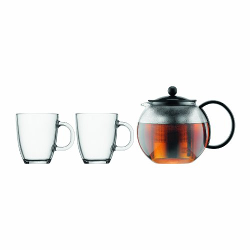Bodum K1805-01 Assam Set, Teebereiter mit Edelstahlfilter 1 L und 2 Stück Tasse, Glas, 0,35 L, schwarz
