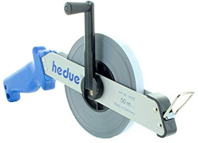 hedue® Rahmenbandmaß 50 m - Rollbandmaß aus Stahl mit Alu-Rahmen, Bandmaß mit Millimeterteilung