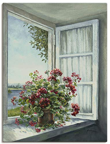 ARTLAND Wanddeko Leinwand Bilder Wandbild 60x80 cm Fensterblick Fenster Blumen Botanik Geranie Malerei Landhaus Kunst T4DR