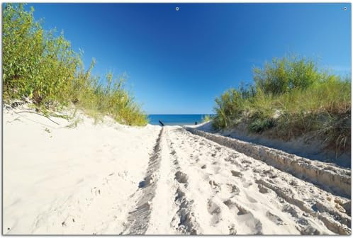 Wallario Outdoor-Poster für Garten oder Balkon Auf dem Sandweg zum Strand - Blauer Himmel über dem Meer, Motivbanner Größe: ca. 60 x 90 cm, Outdoor-Bild