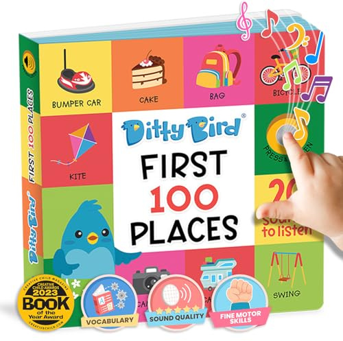 Ditty Bird Talking Books 100 Places | 100 Words for Vocabulary & Speech Learning | Board Books for Toddlers 1-3 | Children's Interactive Toddler Books with Great Pictures | Sturdy Baby Sound Books