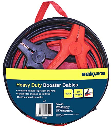 Sakura Hochleistungs-Starthilfekabel SS3626 - 400 A, 3 m, farblich kodierte Klemmen - für Pkw, Fahrzeuge bis 3,0 l/3000 ccm - leere Batterie