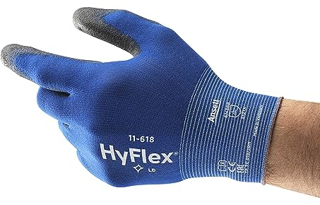 Ansell HyFlex 11-618 Mechaniker- Nylon Handschuhe, Abriebfeste Schutzhandschuhe mit PU-Beschichtung, Sicherheitshandschuhe für Präzisionsarbeiten, Touchscreen-Arbeitshandschuhe, 12 Paar, Gr. 2XL