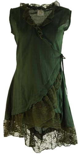 GURU SHOP Wickeltunika mit Spitze - Dunkelgrün, Damen, Size:L