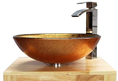 Home Supplies – Modern Tempered Gold Glass Round Vessel Sink Bowl Bathroom, Cloakroom Basin Sink for Countertop, Vanity Cabinet and Hotel Lavatory | 42x14x42cm (WxHxL)