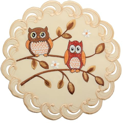 HanaQi Eulen Tischdeckchen Tischläufer Decke Kissenhülle Leinen-Optik Creme Beige Herbst Blatt Stickerei