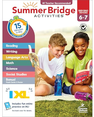 Summer Bridge Activities 6th to 7th Grade Workbooks All Subjects, Middle School Books With Math, Language Arts, Reading Comprehension, Science, Social Studies, Fitness, Flash Cards, and More