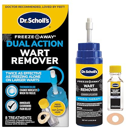 Dr. Scholl's Dual Action Freeze Away Wart Remover, 8 ct – Twice as Effective as Freezing Alone on Larger Warts, Fast-Acting Treatment for Common and Plantar Wart Removal, Safe to Use on Kids Ages 4+